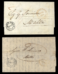 EGYPT 1841 two FLs from Alexandria to Malta, each with red departure pmk, disinfection slits, black Purifie au Lazaret handstamps, fine-v.f. 
