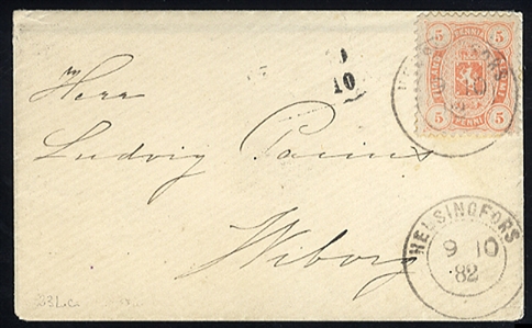 FINLAND 1875 5p orange, used in 1882 on small cover (with carte de visit) from Helsingfors to Wiborg, with faint ANK 10.10 arrival handstamp, v.f. example of printed matter rate,