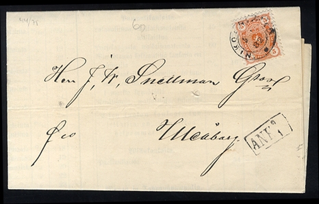FINLAND 1875 5p reddish orange, used in 1882 on folded Preis-Kurant from Nikolaistad to Uleaborg, with framed ANK 9.1 alongside, filing fold away from the stamp, fine printed matter item