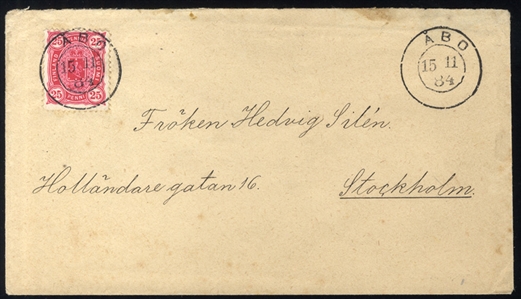 FINLAND 1875 25p deep red, used in 1884 on cover from Abo to Stockholm, with departure postmark alongside, backstamped on arrival, insignificant peripheral cover toning, still v.f.
