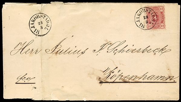 FINLAND 1878 (22 Mar) FL franked with single 32p carmine, tied by "Jakobstad 23.3.78" cds on FL to Copenhagen, sent via St. Petersburg, with transit and arrival pmks, filing folds