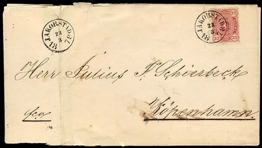 FINLAND 1878 (22 Mar) FL franked with single 32p carmine, tied by Jakobstad 23.3.78 cds on FL to Copenhagen, sent via St. Petersburg, with transit and arrival pmks, filing folds