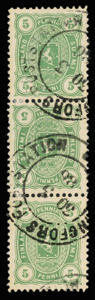 FINLAND (31b) 1885 5p green, vertical strip of three, middle stamp "inverted", canceled Helsingfors Poststation 30.3.1886, well centered, fresh and v.f., signed Mehrtens and Faberge
