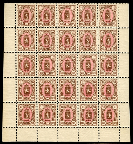 FINLAND (44,45) 1890 5m green & rose, 10m brown & rose, bottom sheet margin panes of 25, n.h., v.f., cat. value $2,250