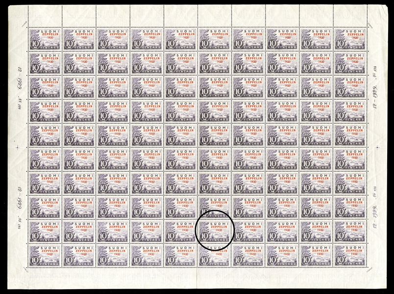 FINLAND  Air Post (C1,1a) 1930 "Zeppelin 1930" - sheet of 100, position 86 showing "1830" error, also additional small varieties of the overprint, n.h., some usual wrinkles and perf. separations