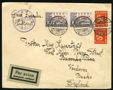 FINLAND  Air Post (C1) 1930 Zeppelin overprint, horizontal pair used with additional franking on flown Zeppelin dispatch to England, Friedrichshafen transit pmk on back, fine-v.f. 