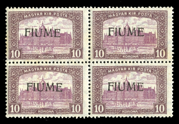 FIUME (20var) 1918 10k violet brown and violet, overprint type IV, block of four, n.h., v.f., with 2015 Colla certificate (Sass. 21/IV) €7,200