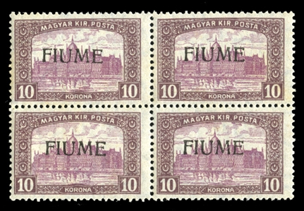 FIUME (20var) 1918 10k violet brown and violet, overprint type IV, block of four, n.h., v.f., with 2015 Colla certificate (Sass. 21/IV) €7,200