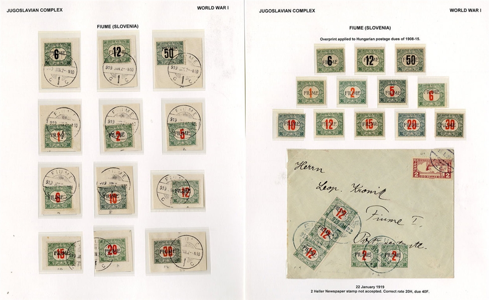FIUME Postage Dues( J1-12) 1918 Issues complete, both unused and used on piece, plus two covers (one with Diena certificate), also "Franco Fiume 45" surcharges set of two