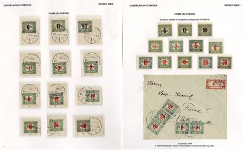 FIUME Postage Dues( J1-12) 1918 Issues complete, both unused and used on piece, plus two covers (one with Diena certificate), also Franco Fiume 45 surcharges set of two