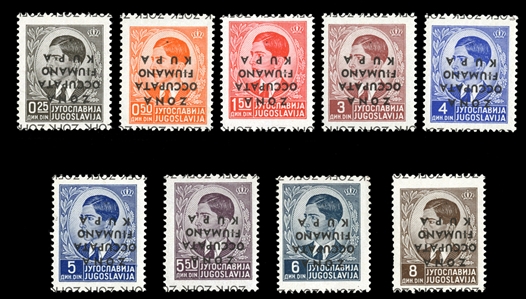 FIUME World War II Occupation Issues (Sass.1a/10a) 1941 Zona Occupata Fiumano Kupa 25p-8d, inverted overprints, nine different, complete as issued, n.h., fine-v.f., pencil signed, €2,800