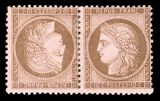 FRANCE (54a) 1870 10c bister, yellowish, horizontal tete-beche pair, heavy hinge remnant, very fresh and fine, €5,500