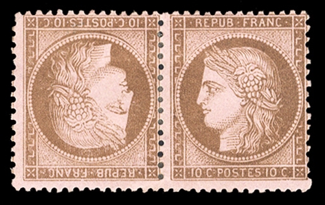 FRANCE (54a) 1870 10c bister, yellowish, horizontal tete-beche pair, heavy hinge remnant, very fresh and fine, €5,500