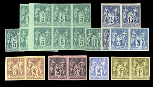 FRANCE (78/84var) 1887 Type Sage imperforate, Granet Reprints, selection including 5c dark green, 5c green (blocks of four and six), 10c green, 25c ultramarine, 15c blue (block of four)