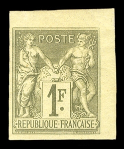 FRENCH COLONIES General Issues (29var) 1877 1fr bronze green, Type II, corner margin single, h.r., v.f. and rare, unlisted in Scott, with 1981 Fourcaut certificate (YT 36B), €2,200