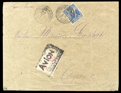 FRENCH COLONIES French Guiana Air Post (CL1) 1921 St. Laurent du Maroni to Cayenne (Aug.21), flown cover franked with 75c red violet on bluish, with additional 25c regular franking