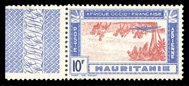 FRENCH COLONIES Mauritania Air Post (C11a) 1942 10fr ultramarine & Henna, Center Inverted, left sheet margin single, n.h., v.f., signed Calves, etc. (Maury €2,100) cat. value $1,400