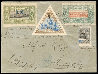 FRENCH COLONIES Somali Coast (9,25,33E) 1902 (12 June) cover from Djibouti to Zagazig, Egypt, franked with 1894-1902 5c, 1902 0.10c on 1fr, 5c on 25fr, used with Obock 1894 25c bisect (Scott 53a)