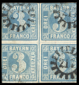 GERMAN STATES Bavaria (Mi.2 II2) 1849 3kr blue, Plate 2, block of four, canceled 217 (Munchen), cut in at both sides, ample at top and bottom, creases, scarce multiple, with 2024 Peter Sem opinion