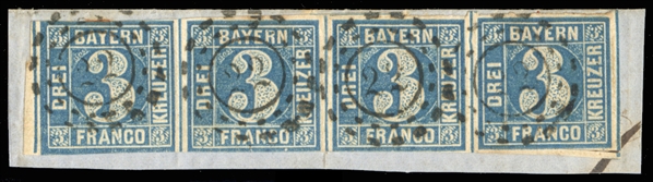 GERMAN STATES Bavaria (Mi.2 II3) 1849 3kr blue, Plate 3, left sheet margin horizontal strip of four, canceled on piece by "22" (Aschaffenburg) numerals, margins all around