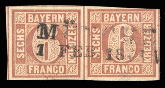 GERMAN STATES Bavaria (Mi.4 I) 1849 6kr brown, horizontal pair, Type I, straight-line Munchen 1 Feb 1850 datestamp, margins all around, except just touching at upper right, minor wrinkles