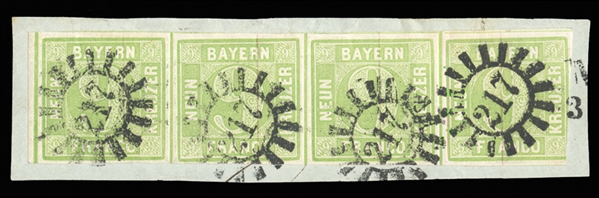 GERMAN STATES Bavaria (Mi.5cIII) 1850 9kr may green ("maigrun"), Type III, horizontal strip of four, canceled "217" (Munchen) numerals on small piece, margins all around except cut in at bottom right