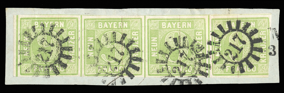 GERMAN STATES Bavaria (Mi.5cIII) 1850 9kr may green (maigrun), Type III, horizontal strip of four, canceled 217 (Munchen) numerals on small piece, margins all around except cut in at bottom right