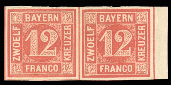 GERMAN STATES Bavaria (Mi.6) 1850 12kr red, right sheet margin horizontal pair, showing plate flaw variety white spot under large 1 of 12, h.r., minor irregularities at top margin