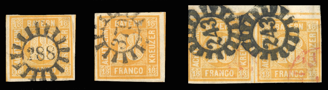 GERMAN STATES Bavaria (8) 1850 18kr yellow, two distinct shades, canceled 288 (Lichtenfels) and 379 (Weisham), margins all around, v.f., also horizontal pair on thin paper