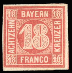 GERMAN STATES Bavaria (Mi.13a) 1862 18kr vermilion red, h.r., large margins all around, fresh, v.f., with 2024 Peter Sem certificate, €1,200