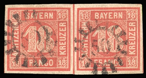 GERMAN STATES Bavaria (Mi.13a) 1862 18kr vermilion, horizontal pair, canceled 50 (Blies-Kastel), margins all around, small marginal cut at bottom, tiny abrasion at right, otherwise v.f.