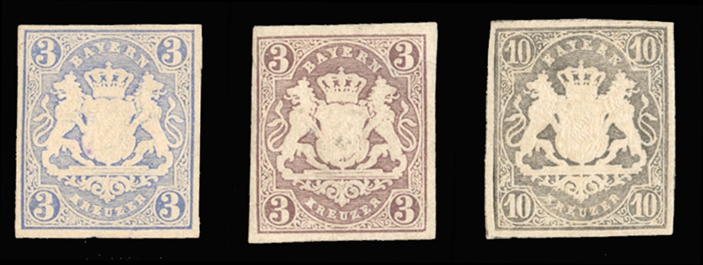 GERMAN STATES Bavaria 1867 3kr blue, 3kr lilac, 10kr gray black, trial color proofs, with gum, fine-v.f. (Mi. €2,250) 