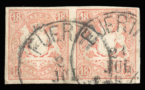 GERMAN STATES Bavaria (Mi.19) 1867 18kr brick red, horizontal pair, canceled Fuerth, margins all around, minor crease at right, otherwise v.f., with 2024 Peter Sem opinion 