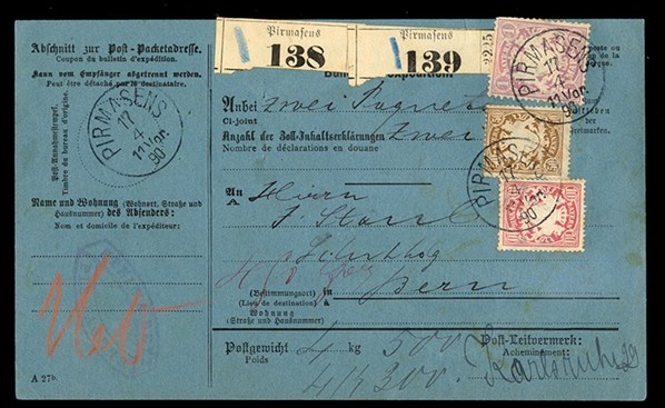 GERMAN STATES Bavaria (32) 1875 1m violet, used in combination with 10pf and 50pf on blue parcel card from "Pirmasens" (17.4.90) to Bern, Switzerland, Basel transit and arrival pmks