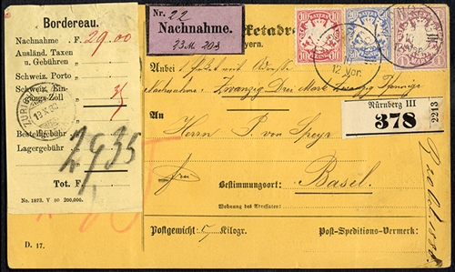GERMAN STATES Bavaria (32) 1875 1m violet, used in combination with 10pf and 20pf on parcel card from Nurnberg (15.10.80) to Basel, Switzerland, upper left corner of card covered by the Bordereau