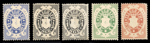 GERMAN STATES Bavaria Telegraph Stamps (Mi.1,2,4-6) 1870 1/2sgr, 1sgr, 50c, 1fr, 3fr, five different, h.r., last one small thin, otherwise fine, scarce group, €2,150