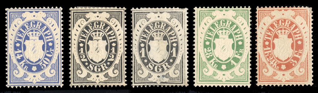 GERMAN STATES Bavaria Telegraph Stamps (Mi.1,2,4-6) 1870 1/2sgr, 1sgr, 50c, 1fr, 3fr, five different, h.r., last one small thin, otherwise fine, scarce group, €2,150