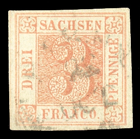 GERMAN STATES Saxony (Mi.1a) 1850 3pf red (bluish tint), Plate III, Type 14, unclear 22 Oct postmark, margins all around, including dividing lines at left and bottom