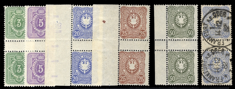 GERMANY (37/42) 1880-83 Pfennig, 3pf, 5pf, 20pf, 25pf and 50pf vertical gutter pairs, h.r., also additional used 20pf, fine 