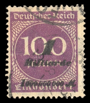 GERMANY (310b) 1923 surcharged 1mlrd m on 100m deep reddish purple (the so-called "Hitler Provisional", referring to the failed Munich putsch of 8-9 Nov 1923, the day after this stamp was released)