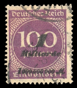 GERMANY (310b) 1923 surcharged 1mlrd m on 100m deep reddish purple (the so-called Hitler Provisional, referring to the failed Munich putsch of 8-9 Nov 1923, the day after this stamp was released)