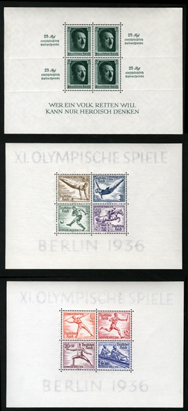GERMANY Semi-Postals (B91-92,104) 1936 Olympics souvenir sheets, three sets, also 1937 Hitler rouletted souvenir sheet of four, all n.h., v.f., cat. value $910