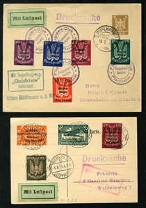 GERMANY Air Post 1923-25 Glider Flights, 10pf surcharges on 1m-10m, five different, used with additional 3pf franking on flown Goldkiste cover, also 1923 card with overprinted