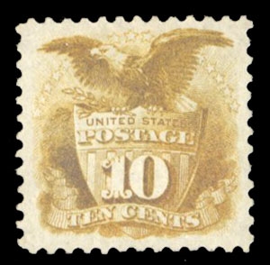 United States 1875 Re-Issue of the 1869 Issue (127) 10c yellow, unused without gum, somewhat oxidized, otherwise fine, with 1981 PFC, only 1,947 sold, cat. value $750