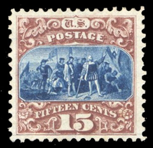 United States 1875 Re-Issue of the 1869 Issue (129) 15c brown and blue, unused without gum, well centered with wide margins, fresh and v.f., with 1989 PFC, only 1,981 sold, cat. value $625