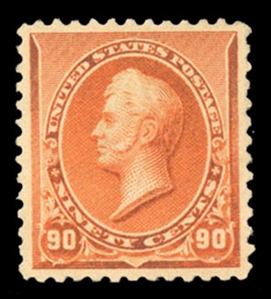 United States 1890 Issue (229) 90c orange, l.h., well centered with wide margins, beautiful color, with 1983 PFC and 2006 PSE certificate, the latter graded XF-Sup 95 (SMQ $2,000)