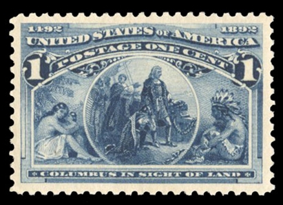 United States 1893 Columbian Issue (230) 1c blue, n.h., well centered with jumbo margins, with 2012 PSE certificate graded XF-Sup 95J (SMQ $650)