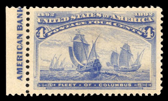 United States 1893 Columbian Issue (233) 4c ultramarine, left margin part imprint single, n.h., jumbo margins, with 2008 PSE certificate graded "XF 90J" (SMQ $550)