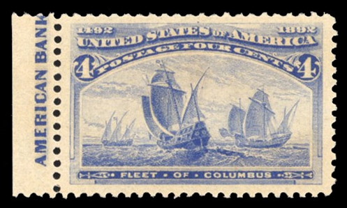United States 1893 Columbian Issue (233) 4c ultramarine, left margin part imprint single, n.h., jumbo margins, with 2008 PSE certificate graded XF 90J (SMQ $550)