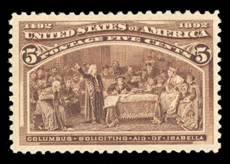 United States 1893 Columbian Issue (234) 5c chocolate, n.h., jumbo margins, with 2009 PSE certificate graded "XF 90J" (SMQ $650)
